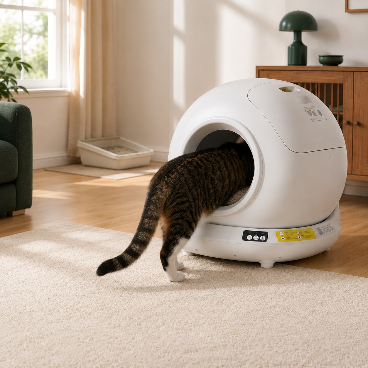 Cat using the litter box